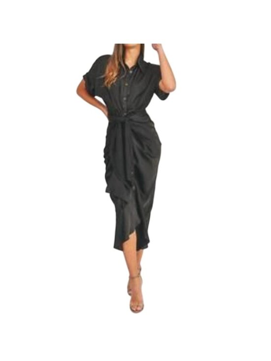 Mable Dresses & Skirts - Mable Gwen Black Tencel Button Down Collared Midi Shirt Dress Womens Large